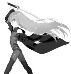 Rule 34 | 1girl, ahoge, alastor (shakugan no shana), flat chest, hair spread out, highres, jewelry, long hair, looking at viewer, monochrome, ohlia, open mouth, pendant, shakugan no shana, shana, solo, sword, taimanin suit, very long hair, weapon