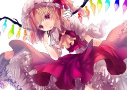 Rule 34 | 1girl, :p, ascot, bad id, bad pixiv id, blonde hair, flandre scarlet, hat, hat ribbon, mob cap, opopowa, pink eyes, puffy short sleeves, puffy sleeves, ribbon, shirt, short sleeves, side ponytail, skirt, skirt set, smile, solo, tongue, tongue out, touhou, vest, wings