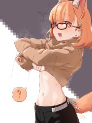 Rule 34 | 1girl, :3, animal ear fluff, animal ears, black-framed eyewear, blush, bright pupils, brown sweater, clothes lift, dated, female focus, glasses, hair ornament, hairclip, highres, indie virtual youtuber, kaga kasama, kasai itsuki, lifted by self, medium hair, navel, open mouth, orange hair, sideways glance, skinny, solo, stomach, sweatdrop, sweater, sweater lift, tail, two-tone background, undressing, virtual youtuber, white pupils