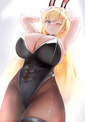 Rule 34 | 1girl, animal ears, armpits, azur lane, black leotard, black pantyhose, blonde hair, blue eyes, blush, breasts, cleavage, clothing cutout, commentary, commentary request, fake animal ears, highleg, highleg leotard, highres, huge breasts, leotard, long hair, looking at viewer, navel cutout, north carolina (azur lane), north carolina (the heart&#039;s desire) (azur lane), official alternate costume, one eye closed, pantyhose, playboy bunny, revision, sano sho, solo, very long hair