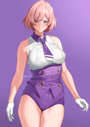 Rule 34 | 1girl, absurdres, bare shoulders, blue eyes, bra visible through clothes, breasts, closed mouth, contrapposto, corset, gloves, grey hair, gridman universe, hair between eyes, highleg shorts, highres, large breasts, looking at viewer, mujina, necktie, purple background, purple corset, purple necktie, purple shorts, royal s, see-through, see-through shirt, shirt, short hair, short necktie, shorts, sleeveless, sleeveless shirt, solo, ssss.dynazenon, thighs, twitter username, underbust, white gloves, white shirt