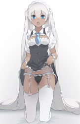 Rule 34 | 1girl, :o, bad id, bad pixiv id, black panties, black skirt, blue necktie, blush, breasts, cleavage cutout, clothes lift, clothing cutout, commentary request, dark-skinned female, dark skin, full body, garter belt, gluteal fold, gradient background, grey background, groin, high-waist skirt, kasshoku-chan (katuo1129), kneeling, lifted by self, long hair, looking at viewer, maid, maid headdress, necktie, open mouth, original, panties, shirt, short sleeves, silver hair, skirt, skirt lift, small breasts, solo, straight hair, thighhighs, underwear, unimon e, very long hair, white shirt, white thighhighs, wrist cuffs