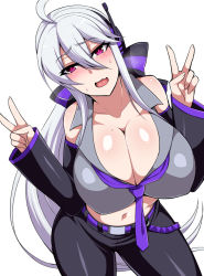 Rule 34 | 1girl, breasts, double v, huge breasts, long hair, looking at viewer, navel, nishida megane, open mouth, simple background, solo, standing, v, vocaloid, white background, white hair, yowane haku