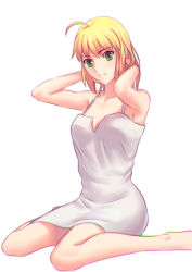 Rule 34 | 1girl, ahoge, arms behind head, artoria pendragon (fate), bad id, bad pixiv id, blonde hair, breasts, cleavage, dress, fate/stay night, fate (series), fateline alpha, green eyes, hair down, looking at viewer, saber (fate), simple background, sitting, smile, solo, wariza, white background, white dress