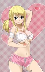 Rule 34 | 1girl, arm behind head, artist name, blonde hair, blush, breasts, brown eyes, cleavage, fairy tail, gaston18, heart, highres, large breasts, long hair, looking at viewer, lucy heartfilia, navel, pink shorts, short shorts, shorts, smile, solo, stomach, tattoo, thighs, underboob, wide hips