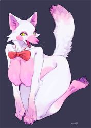 Rule 34 | 1girl, all fours, animal ears, animal hands, artist name, barefoot, bebebe, blue background, blush stickers, bow, bowtie, breasts, claws, collarbone, eyeshadow, female focus, five nights at freddy&#039;s, fox ears, fox tail, foxy (fnaf), funtime foxy, furry, furry female, hanging breasts, happy, looking at viewer, makeup, mangle, nipples, nude, open mouth, pawpads, red bow, red bowtie, sharp teeth, signature, simple background, smile, solo, tail, teeth, thick thighs, thighs, v arms, yellow eyes