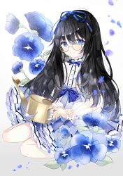 Rule 34 | 1girl, absurdres, black hair, blouse, blue eyes, blue nails, blue ribbon, blue skirt, blush, buttons, center frills, closed mouth, commentary request, dress, flower, frilled dress, frilled skirt, frills, glasses, hair ribbon, highres, huge filesize, kotamun, lolita fashion, long hair, long sleeves, nail polish, original, puffy long sleeves, puffy sleeves, ribbon, round eyewear, shirt, skirt, smile, solo, watering can, white shirt