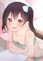 Rule 34 | 10s, 1girl, black hair, blue bow, blush, bow, breasts, hair bow, lingerie, looking at viewer, love live!, love live! school idol project, mashimaru (muzikluva), open mouth, red eyes, short hair, small breasts, solo, twintails, underwear, yazawa nico