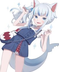 Rule 34 | 1girl, animal ears, bad id, bad twitter id, blue dress, blue eyes, blue hair, cat ears, commentary request, dress, fang, fins, fish tail, gawr gura, gawr gura (casual), grey hair, hands up, highres, hololive, hololive english, looking at viewer, multicolored hair, official alternate costume, open mouth, shark tail, shirt, side ponytail, simple background, sleeveless, sleeveless dress, sleeveless shirt, solo, sparkle, streaked hair, tail, totatokeke, virtual youtuber, white background, white shirt