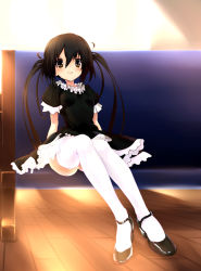 Rule 34 | 1girl, bench, black hair, blush, breasts, brown eyes, dress, artistic error, flat chest, hair ornament, hair ribbon, high heels, k-on!, long hair, mary janes, nakano azusa, ribbon, shoes, sitting, small breasts, smile, solo, sora to umi, thighhighs, twintails, very long hair, white thighhighs, wrong foot