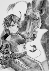Rule 34 | 1girl, breasts, chain, closed mouth, commentary request, cropped jacket, cross-laced pants, demon girl, demon horns, demon tail, ear chain, ear piercing, feet out of frame, giraffe, graphite (medium), greyscale, highres, horns, jacket, large breasts, midriff, monochrome, nanashi inc., navel, open clothes, open jacket, pants, petting, piercing, pointy ears, ryugasaki rene, short hair, simple background, smile, solo, sports bra, sugar lyric, tail, traditional media, underboob, virtual youtuber, yumetengu, zipper