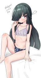 Rule 34 | absurdres, bikini, black hair, cosplay, dated, feet out of frame, flat chest, floral print, hair over one eye, hair ribbon, hayashimo (kancolle), highres, hime cut, kantai collection, long hair, makigumo (kancolle), makigumo (kancolle) (cosplay), makigumo kai ni (kancolle), makigumo kai ni (kancolle) (cosplay), maru (marg0613), mismatched bikini, one-hour drawing challenge, red eyes, ribbon, side-tie bikini bottom, simple background, sitting, swimsuit, twitter username, very long hair, white background