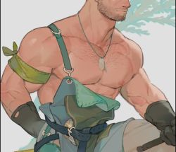 Rule 34 | 1boy, apron, atcesolcyc, bandana, bara, bare pectorals, bare shoulders, beard, beige pants, chest hair, close-up, dog tags, facial hair, foot out of frame, green apron, head out of frame, jewelry, large pectorals, light brown hair, looking to the side, male focus, muscular, muscular male, necklace, original, pectorals, short hair, solo, stubble, thick thighs, thighs, veins