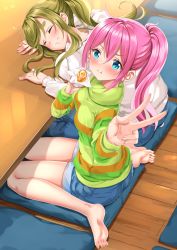 Rule 34 | 2girls, :t, ahoge, barefoot, blue eyes, blue pants, blue shorts, blush, closed eyes, closed mouth, commentary request, cushion, denim, eating, egg, feet, food, from above, green hair, hair between eyes, head rest, head tilt, high ponytail, highres, holding, holding food, indoors, inuyama aoi, jeans, kagamihara nadeshiko, long hair, long sleeves, looking at viewer, looking to the side, multiple girls, pants, pink hair, ponytail, ribbed sweater, shirt, short shorts, shorts, sidelocks, sitting, smile, soles, striped clothes, striped shirt, sweater, swordsouls, table, thick eyebrows, toenails, toes, turtleneck, v, very long hair, wariza, white sweater, wooden floor, yurucamp, zabuton