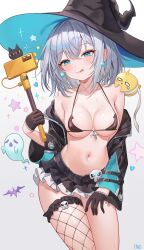 Rule 34 | 1girl, :q, absurdres, azur lane, bare shoulders, belt, bikini, bird, black bikini, black gloves, black hat, black jacket, black skirt, blue eyes, breasts, cellphone, chick, cleavage, closed mouth, collarbone, fishnet thighhighs, fishnets, gloves, grey hair, halterneck, hat, highres, holding, iino (isnyong), jacket, jade (a good girl&#039;s magic) (azur lane), jade (azur lane), layered skirt, long sleeves, looking at viewer, loose belt, manjuu (azur lane), medium breasts, medium hair, miniskirt, mole, mole under eye, navel, off shoulder, official alternate costume, open clothes, open jacket, phone, selfie stick, single thighhigh, skirt, smartphone, smile, solo, stomach, strap gap, string bikini, sweat, swimsuit, thighhighs, thighs, tongue, tongue out, witch hat