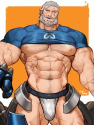 Rule 34 | 1boy, abs, arm hair, armor, bara, bare pectorals, beard, blue male underwear, blue shirt, bulge, chest hair, clothes lift, cowboy shot, crotchless, crotchless pants, facial hair, gomtang, grey hair, hairy, jockstrap, large pectorals, male focus, male underwear, mature male, muscular, muscular male, mustache, navel, navel hair, nipples, old, old man, one eye closed, overwatch, overwatch 1, pants, pectorals, reinhardt (overwatch), scar, scar across eye, scar on arm, scar on face, scar on leg, scar on stomach, shirt, shirt lift, short hair, skindentation, smile, solo, stomach, thick thighs, thighs, tight clothes, tight shirt, underwear, white male underwear
