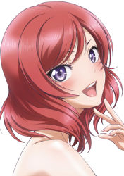 Rule 34 | 10s, 1girl, from side, lips, lipstick, looking at viewer, love live!, love live! school idol project, makeup, nanno koto, nishikino maki, nude, open mouth, portrait, purple eyes, red hair, short hair, simple background, smile, solo, white background