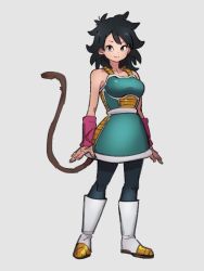 Rule 34 | 1girl, armor, arms at sides, bare arms, black eyes, black hair, black pantyhose, boots, breasts, closed mouth, collarbone, dot nose, dragon ball, dragon ball minus, dragon ball super, dragon ball super broly, eyelashes, full body, gine, green skirt, grey background, hair between eyes, kemachiku, knee boots, legs apart, looking at viewer, medium breasts, medium hair, monkey tail, pantyhose, pink wristband, simple background, skirt, smile, solo, spiked hair, standing, tail, white footwear, wristband