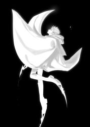 Rule 34 | 1boy, blade, boots, cloak, floating, from side, full body, glowing, greyscale, highres, hood, hood down, hooded cloak, knee boots, looking ahead, male focus, millions knives, monochrome, plantar flexion, profile, shards, shoe blade, short hair, simple background, solo, suet00t00, trigun, trigun stampede