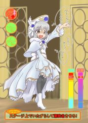 Rule 34 | 1girl, @ @, arm up, back bow, black pantyhose, blue capelet, blue dress, blush, bow, breasts, brown eyes, capelet, dress, embarrassed, faucet, female focus, full body, fur trim, grey hair, hair bow, hat, have to pee, head wings, heel up, highres, idolmaster, idolmaster cinderella girls, indoors, japanese text, long sleeves, mudamudamudda, narumiya yume, nose blush, open mouth, pantyhose, sash, shoes, short hair, small breasts, smile, solo, standing, sweat, tears, text focus, thought bubble, translation request, urine meter, white bow, white footwear, white hat, wings