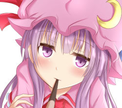 Rule 34 | 1girl, adjusting hair, blunt bangs, blurry, blush, bow, bowtie, close-up, crescent, depth of field, food, hand in own hair, hat, head tilt, light smile, long hair, looking at viewer, mob cap, parted lips, patchouli knowledge, pink hat, pocke, pocky, pocky kiss, pov, purple eyes, purple hair, ram hachimin, red bow, red bowtie, shared food, sidelocks, simple background, solo, touhou, tsurime, upper body, white background, wing collar