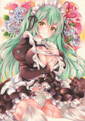 Rule 34 | 1girl, azur lane, blue flower, blue rose, breasts, brown dress, cleavage, dress, flower, garter straps, hand on own chest, highres, juliet sleeves, large breasts, light green hair, long sleeves, looking at viewer, maid headdress, marker (medium), official alternate costume, panties, puffy sleeves, revenge (azur lane), revenge (the maid-knight charges forth!) (azur lane), rose, saya pr, solo, thighhighs, traditional media, two-tone dress, underwear, white dress, white garter straps, white panties, white thighhighs, yellow eyes