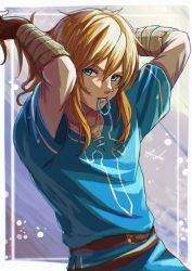 Rule 34 | 1boy, antenna hair, blonde hair, blue eyes, blue tunic, commentary request, gloves, hair between eyes, highres, link, long hair, looking at viewer, male focus, master sword, mouth hold, nintendo, pointy ears, sakuya 996, solo, standing, the legend of zelda, the legend of zelda: breath of the wild, toned, toned male, tunic