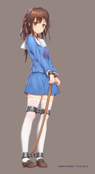 Rule 34 | 1girl, artist name, bdsm, blue shirt, blue skirt, blush, bondage, bound, bound legs, bound wrists, breasts, brown background, closed mouth, cuffs, full body, hair ribbon, highres, himitsu (hi mi tsu 2), loafers, long hair, long sleeves, miniskirt, original, pigeon-toed, pink ribbon, pleated skirt, ponytail, restrained, ribbon, rope, school uniform, serafuku, shackles, shirt, shoes, simple background, skirt, small breasts, smile, solo, standing, thighhighs, twitter username, v arms, weibo watermark, white thighhighs, zettai ryouiki