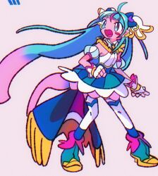 Rule 34 | 1girl, ahoge, blue eyes, blue hair, cape, cure sky, detached sleeves, earrings, fingerless gloves, full body, gloves, highres, hirogaru sky! precure, jewelry, long hair, looking up, magical girl, open mouth, pink hair, precure, simple background, single sidelock, solo, sono (samusu gi), sora harewataru, standing, thighhighs, twintails, two-sided fabric, very long hair, white gloves, wing hair ornament