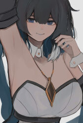 Rule 34 | 1girl, absurdres, arknights, arm up, armpits, black hair, blue eyes, breasts, cleavage, closed mouth, detached collar, detached sleeves, dress, highres, jewelry, kjera (arknights), kjera (ingenious servant) (arknights), large breasts, long sleeves, looking at viewer, multicolored hair, necklace, official alternate costume, short hair, simple background, smile, solo, strapless, strapless dress, two-tone hair, upper body, wawamachi (wawamachis), white background, white dress, white hair, wrist cuffs