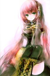 Rule 34 | 1girl, absurdres, boots, breasts, detached sleeves, female focus, green eyes, headphones, headset, highres, long hair, megurine luka, pink hair, shimeko, sitting, smile, solo, thighhighs, very long hair, vocaloid, white background