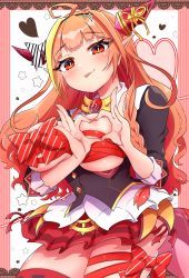 Rule 34 | 1girl, absurdres, ahoge, blonde hair, blunt bangs, breasts, bright pupils, cleavage, dragon tail, fang, hairband, heart, heart hands, highres, hololive, horns, kiryu coco, kiryu coco (1st costume), large breasts, multicolored hair, orange hair, red eyes, sakuramochi (sakura frappe), skin fang, slit pupils, solo, tail, tongue, tongue out, virtual youtuber, white pupils