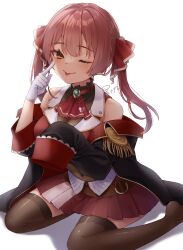 Rule 34 | 1girl, ;p, absurdres, ascot, belt, black choker, black coat, black thighhighs, blush, breasts, brown belt, choker, cleavage, coat, cropped jacket, frilled choker, frills, gloves, hair ribbon, highres, hololive, houshou marine, houshou marine (1st costume), jacket, large breasts, leather belt, leotard, leotard under clothes, long hair, looking at viewer, miniskirt, one eye closed, pleated skirt, red ascot, red coat, red jacket, red ribbon, red skirt, ribbon, skirt, sleeveless, sleeveless jacket, sleeves past fingers, sleeves past wrists, smile, thighhighs, tongue, tongue out, twintails, two-sided coat, two-sided fabric, virtual youtuber, white background, white gloves, yato maru, yellow eyes