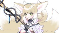 Rule 34 | 1girl, animal ears, arknights, artist name, bare shoulders, black collar, black gloves, blonde hair, blue hairband, blush, braid, braided hair rings, clothing cutout, collar, commentary request, dress, fox ears, fox girl, fox tail, frilled sleeves, frills, gloves, green eyes, hair rings, hairband, highres, holding, holding staff, infection monitor (arknights), kitsune, kyuubi, multicolored hair, multiple tails, open mouth, partial commentary, shoulder cutout, simple background, single glove, solo, staff, suzuran (arknights), tail, twitter username, two-tone hair, upper body, watermark, white background, white hair, yume harukasumi