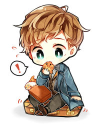 Rule 34 | !, 1boy, bag, bow, bowtie, brown hair, chibi, coat, eating, fantastic beasts and where to find them, food, freckles, full body, gaito-san, green eyes, harry potter (series), male focus, newt scamander, paper bag, simple background, sitting, solo, white background, wizarding world