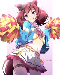 Rule 34 | 1girl, animal ears, artist name, belly chain, belt, blue jacket, brown eyes, brown hair, cheerleader, closed mouth, commentary, cowboy shot, cropped shirt, dated, ear covers, highres, holding, holding pom poms, horse ears, horse girl, horse tail, jacket, jewelry, looking at viewer, medium hair, midriff, miniskirt, multicolored hair, navel, nice nature (run&amp;win) (umamusume), nice nature (umamusume), nii manabu, open clothes, open jacket, pink background, pleated skirt, pom pom (cheerleading), pom poms, sailor collar, shirt, signature, skirt, smile, solo, standing, stomach, streaked hair, tail, thigh strap, track jacket, umamusume, white sailor collar, white shirt, white skirt, yellow belt
