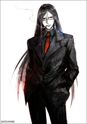 Rule 34 | 1boy, black border, black hair, black jacket, black pants, black shirt, border, business suit, cigarette, collared shirt, commentary request, contrapposto, cowboy shot, fate/grand order, fate (series), formal, glasses, hair between eyes, hands in pockets, jacket, k-suwabe, long hair, long sleeves, looking at viewer, lord el-melloi ii, male focus, mouth hold, necktie, pants, red necktie, shirt, simple background, smoke, solo, spot color, standing, suit, waver velvet, white background, wing collar