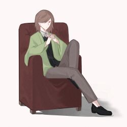 Rule 34 | 1other, black footwear, black vest, brown hair, brown pants, chair, chinese commentary, collared shirt, commentary request, film grain, green jacket, hair over one eye, harada mutei, highres, interlocked fingers, jacket, long sleeves, male focus, on chair, open clothes, open jacket, pants, red eyes, saibou shinkyoku, shirt, short hair, sitting, solo, vest, white shirt, wide sleeves, yadeliya hai