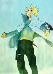 Rule 34 | 1boy, blonde hair, blue eyes, cape, jewelry, looking up, male focus, namikaze minato, naruto, naruto (series), necklace, outstretched arms, solo, standing, terragin