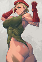 Rule 34 | 1girl, arm behind head, arms up, ass, bare shoulders, beret, blonde hair, blue eyes, blush, bodypaint, breasts, cammy white, clenched hand, covered abs, curvy, facial scar, fingerless gloves, gloves, green leotard, hair between eyes, hat, highleg, highleg leotard, highres, huge ass, large breasts, leotard, looking at viewer, mikel (4hands), muscular, muscular female, red gloves, red hat, scar, scar on cheek, scar on face, shiny skin, short hair, solo, street fighter, street fighter 6, thick thighs, thighs, thong leotard, twisted torso, wide hips