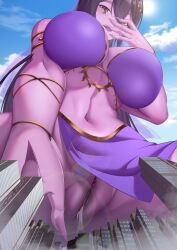 Rule 34 | 1girl, absurdres, armlet, bikini, black hair, breasts, brown eyes, building, cloud, colored skin, colored tongue, commission, facial mark, fingernails, giant, giantess, gold bracelet, gold trim, hair between eyes, hair ornament, highres, indie virtual youtuber, large breasts, linea alba, long hair, navel, open mouth, purple bikini, purple skin, purple skirt, purple tongue, pussy, pussy juice, sharp fingernails, shizeart, skirt, sky, skyscraper, solo, sun, swimsuit, vexoria the sun eater, virtual youtuber