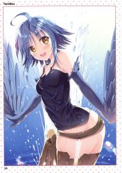Rule 34 | 1girl, absurdres, ahoge, bird legs, black tank top, blue hair, blue wings, blush, border, brown shorts, cowboy shot, feathered wings, gluteal fold, harpy, highres, leg up, looking at viewer, micro shorts, monster girl, monster musume no iru nichijou, open mouth, page number, papi (monster musume), scan, shirt, short hair, shorts, solo, tank top, teeth, thighs, water, wet, wet clothes, wet shirt, white border, winged arms, wings, yellow eyes