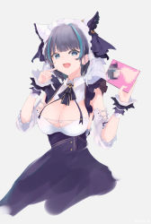 Rule 34 | 1girl, absurdres, apron, aqua hair, azur lane, bad id, bad pixiv id, blue eyes, book, breasts, censored, cheshire (azur lane), cleavage, detached sleeves, frilled apron, frilled hairband, frilled headband, frills, grey background, hairband, highres, holding, holding book, large breasts, maid headdress, medium hair, mosaic censoring, multicolored hair, open mouth, puffy detached sleeves, puffy sleeves, purple apron, purple hair, simple background, solo, streaked hair, wrist cuffs, yvreel