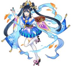 Rule 34 | 1girl, :d, ark order, black hair, blue eyes, blue skirt, blunt bangs, breasts, bubble, bubble print, bubble skirt, fang, fins, fish, frilled skirt, frills, gem, gold, goldfish, hagoromo, hair tubes, hatoyama itsuru, head fins, holding, holding test tube, japanese clothes, jellyfish print, kimono, lace-trimmed sash, long hair, long sleeves, multicolored clothes, multicolored kimono, obi, official art, okobo, open mouth, otohime (ark order), pearl (gemstone), purple sash, red footwear, sandals, sash, shawl, sidelocks, skirt, smile, solo, tabi, tachi-e, test tube, thighhighs, transparent background, twintails, very long hair, wave print, white kimono, wide sleeves