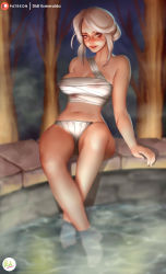 Rule 34 | 1girl, absurdres, breasts, ciri, didi esmeralda, freckles, full body, gradient hair, highres, jewelry, long hair, looking at viewer, medium breasts, multicolored hair, navel, panties, sarashi, scar, short hair, silver hair, smile, solo, the witcher (series), the witcher 3, underwear, water, white panties