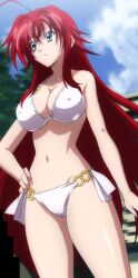 Rule 34 | 1girl, bikini, blue eyes, breasts, cleavage, covered erect nipples, high school dxd, highres, large breasts, long hair, midriff, red hair, rias gremory, screencap, solo, swimsuit, thick thighs, thighs, very long hair, white bikini