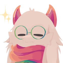 Rule 34 | 1boy, = =, alicezakat, animal ears, body fur, closed eyes, closed mouth, deltarune, fangs, furry, furry male, glasses, goat boy, goat ears, green-framed eyewear, happy, highres, horns, male focus, pince-nez, portrait, ralsei, red horns, red scarf, round eyewear, scarf, simple background, skin fangs, smile, snout, solo, sparkle, white background, white fur