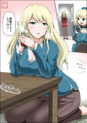 Rule 34 | 2girls, aged down, aged up, apron, atago (jmsdf), atago (kancolle), blonde hair, breasts, cleavage, cup, drink, green eyes, highres, holding, holding cup, kantai collection, mother and daughter, multiple girls, pantyhose, seiza, sitting, translation request, two-handed, yano toshinori