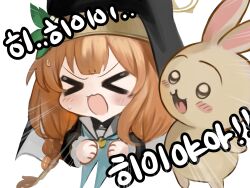 Rule 34 | &gt; &lt;, 1girl, :d, animal, black dress, blue archive, blush stickers, braid, brown hair, chibi, chiikawa, clenched hands, closed eyes, commentary request, cropped torso, crossover, dokomon, dress, emphasis lines, facing viewer, habit, halo, highres, korean commentary, korean text, long hair, long sleeves, mari (blue archive), open mouth, puffy long sleeves, puffy sleeves, rabbit, simple background, sleeves past wrists, smile, sweat, translation request, upper body, usagi (chiikawa), veil, wavy mouth, white background