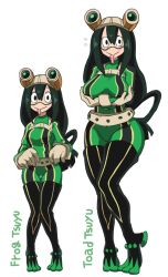 Rule 34 | 10s, 1girl, aged up, alternate breast size, alternate height, asui tsuyu, blush, bodysuit, boku no hero academia, boots, breast hold, breasts, commentary, comparison, english commentary, flying sweatdrops, frog girl, full body, gashi-gashi, goggles, goggles on head, green bodysuit, green hair, hair between eyes, hair rings, large breasts, long hair, low-tied long hair, medium breasts, multiple views, simple background, thigh boots, thighhighs, tongue, tongue out, very long hair, white background, wide hips